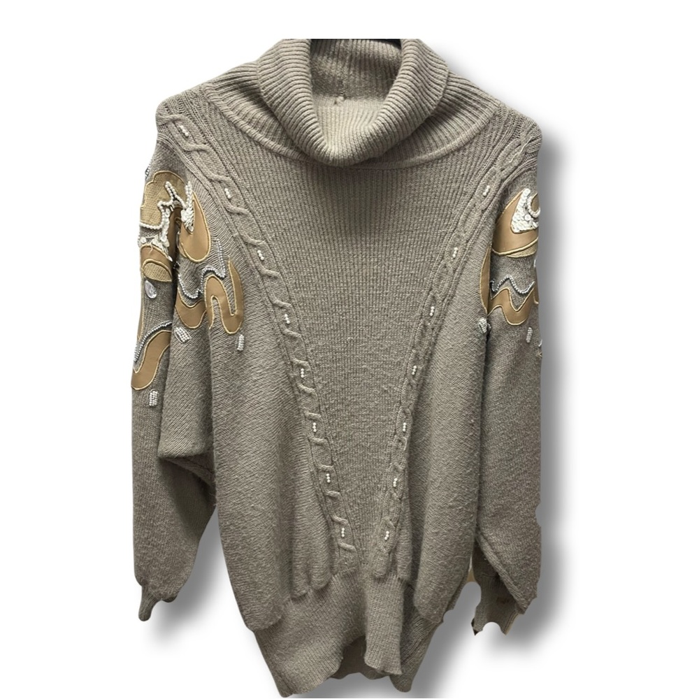 Vintage 80s Tan Sequin Fuzzy Beaded DOLMAN Knit Party Pull Over Sweater Top M